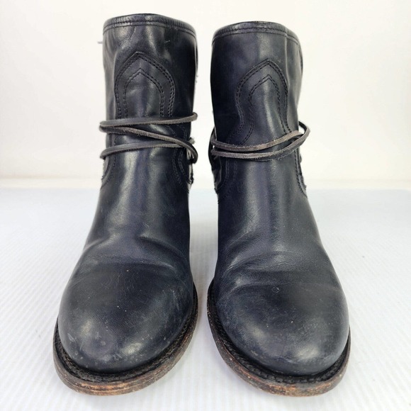 Freebird By Steven FB Casey Black Leather Ankle Boots US 8 Wrap Tie Heel Bootie - Picture 2 of 9